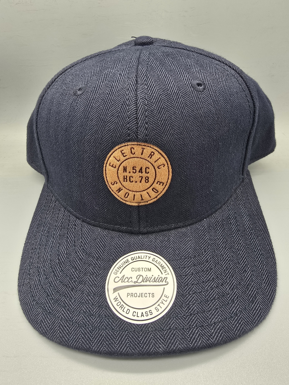 H&M Navy Herringbone Snapback Cap with Tan Leather Patch "Electric Edition"